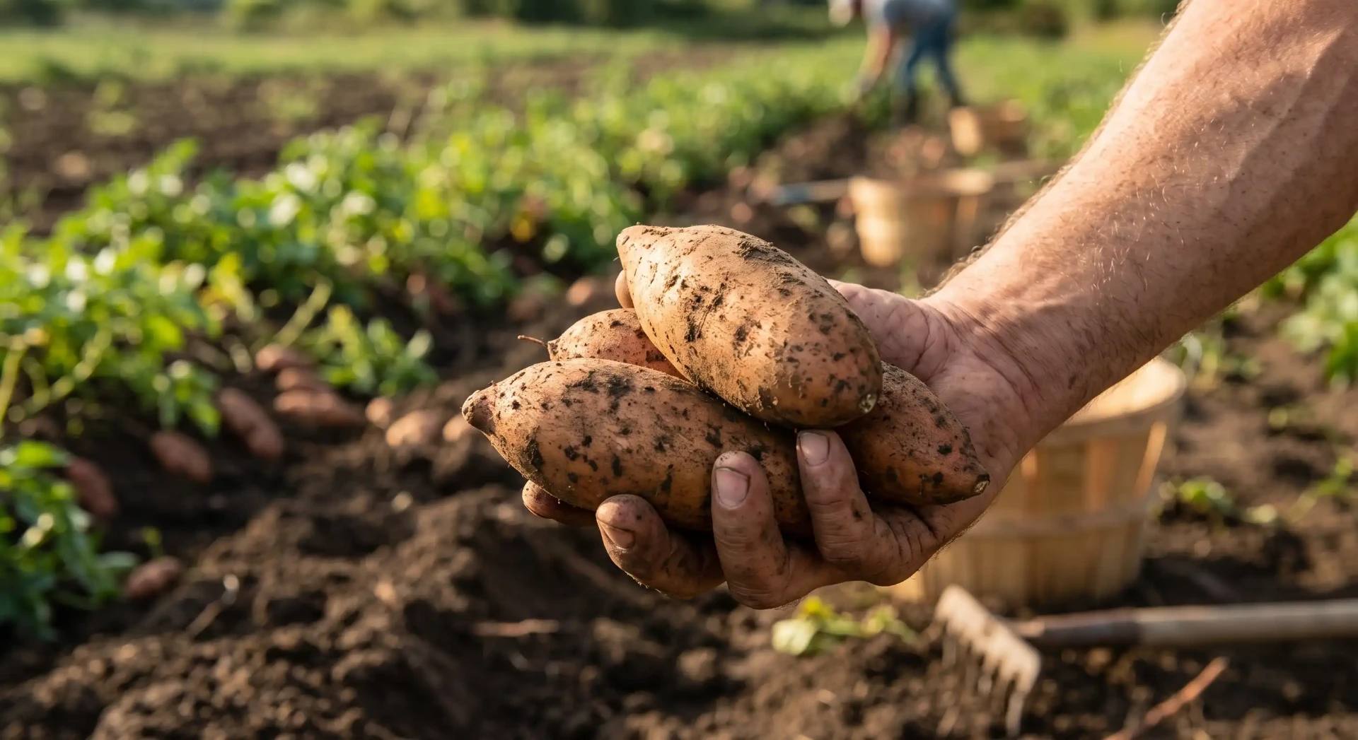 Hands holding freshly harvested Egyptian sweet potatoes in the field